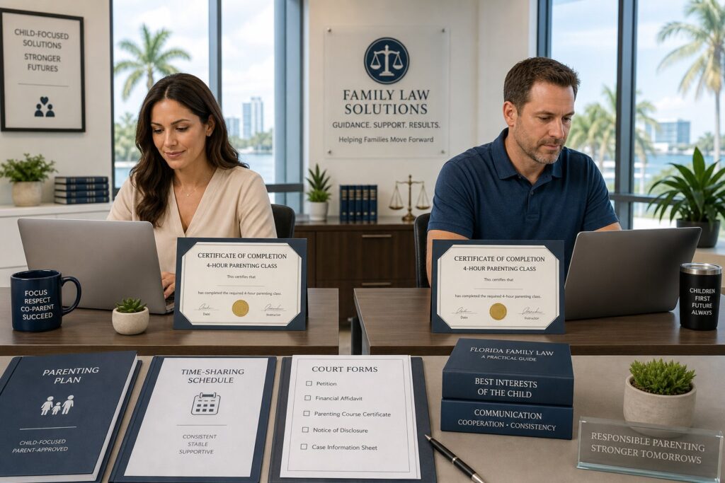 Blog Articles 8 Two parents reviewing court papers and separate parenting course certificates.