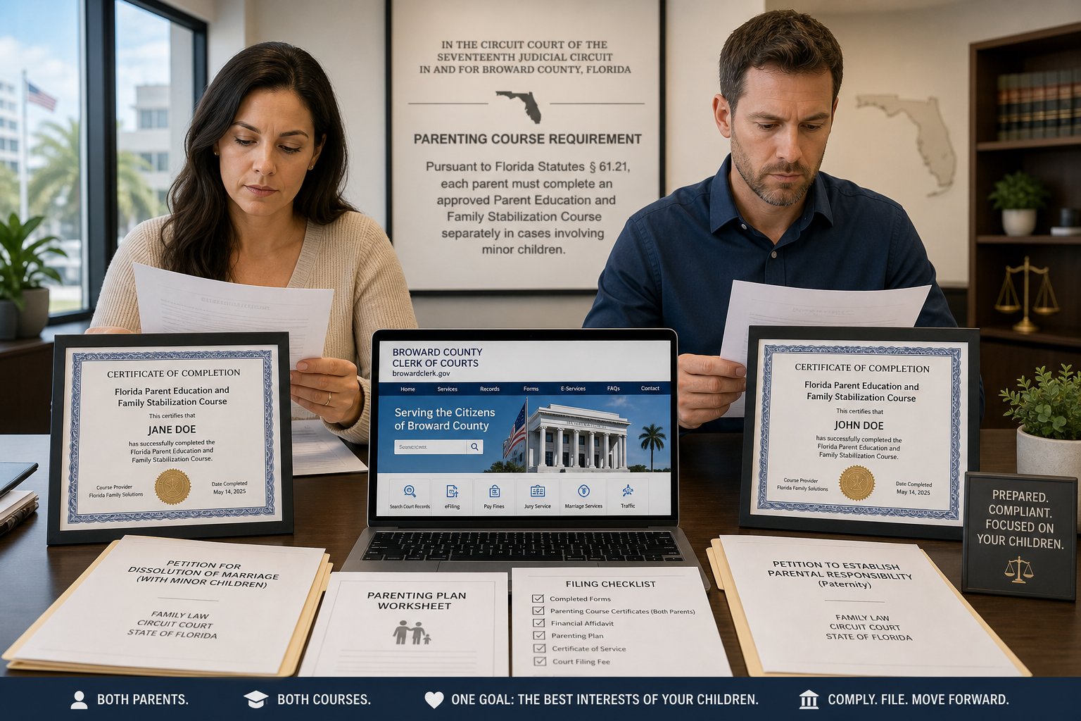 4-Hour Parenting Class Florida: What the Course Includes 1 Two parents reviewing court papers and separate parenting course certificates.