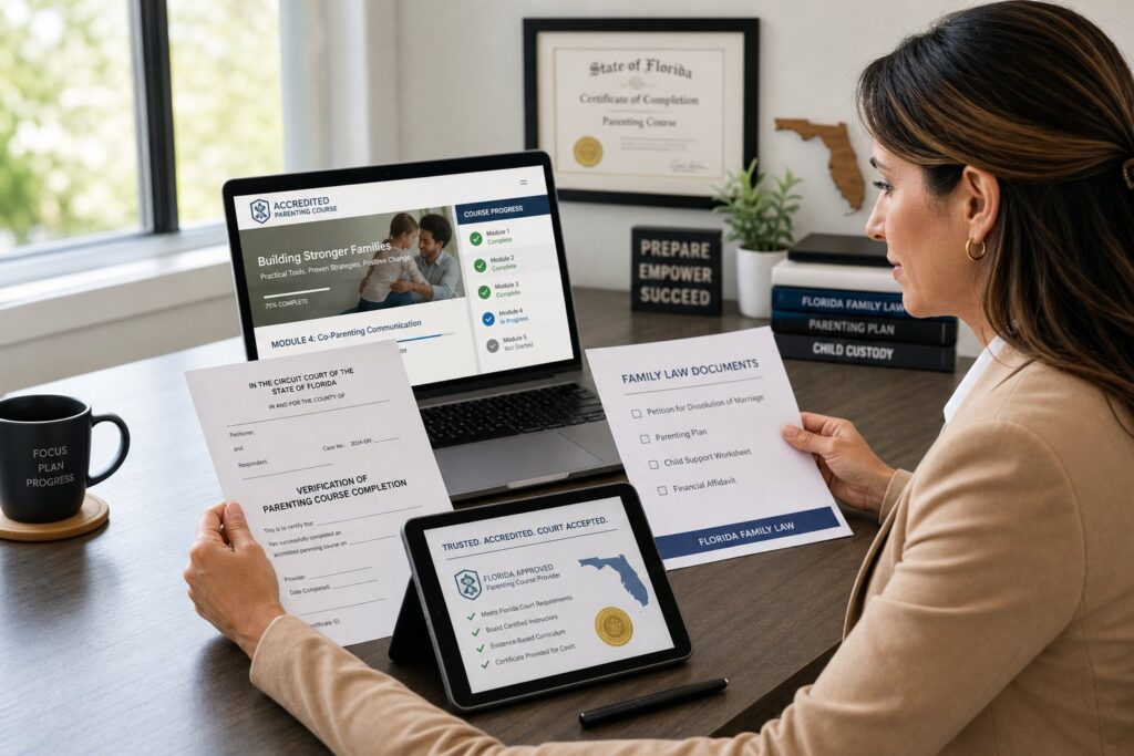 Blog Articles 7 Florida parent reviewing approved parenting course documents in a modern office.