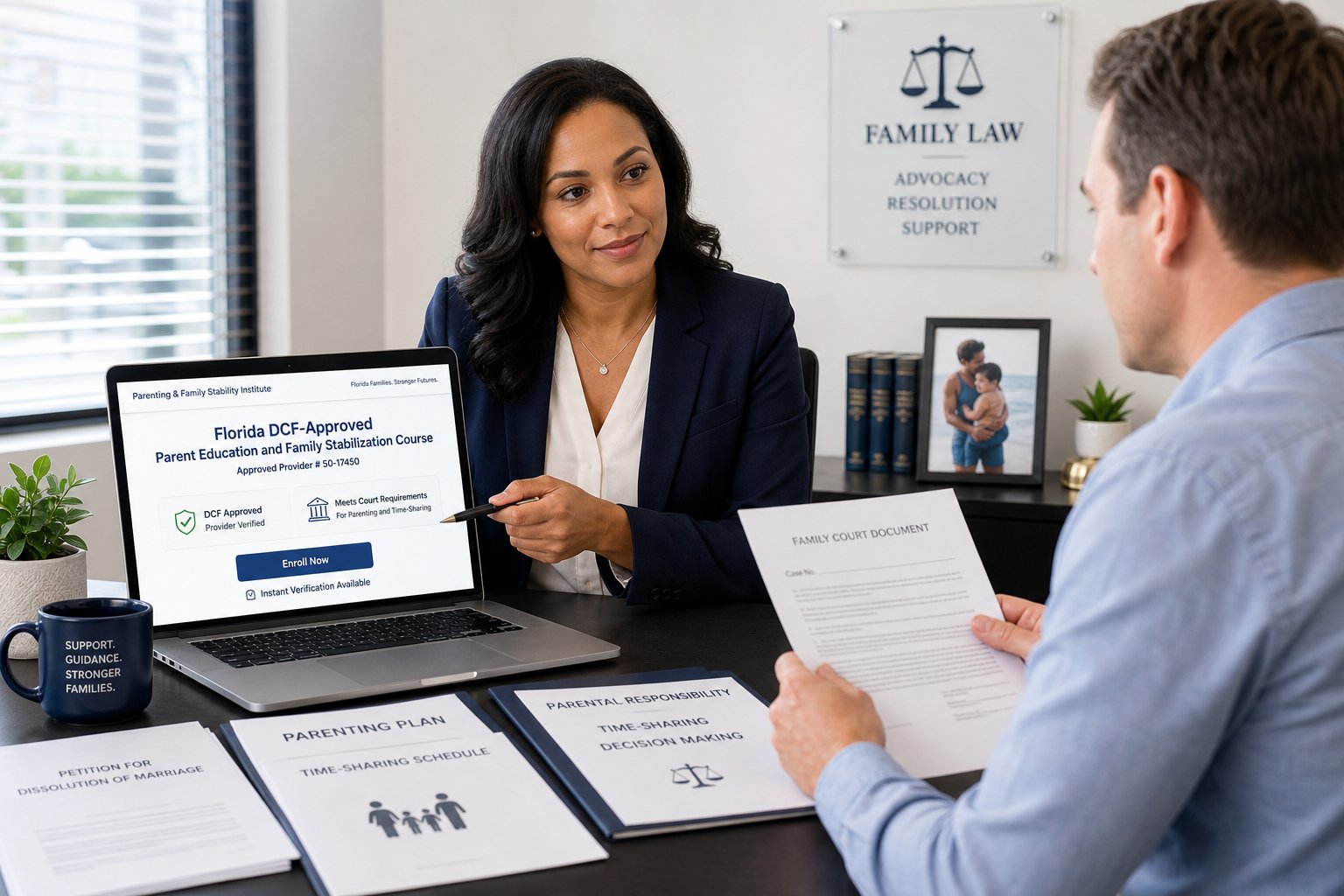 Accredited Parenting Courses: What Does Accredited Mean for Florida Divorce? 1 Florida parent reviewing approved parenting course documents in a modern office.
