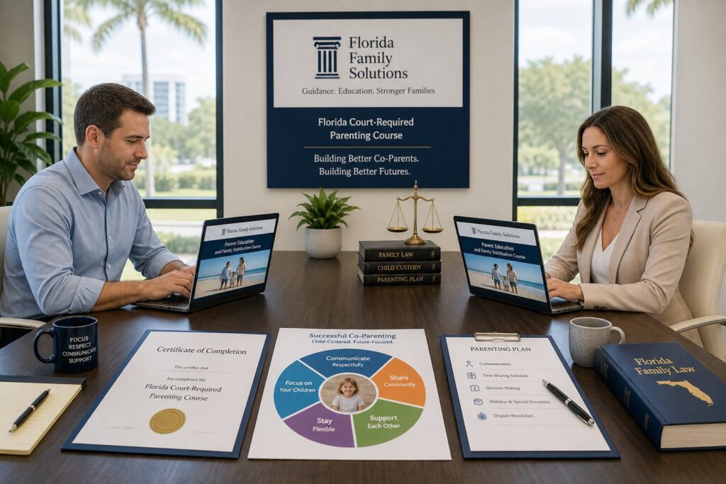 Blog Articles 6 Parents reviewing an online co-parenting course in a modern office setting.