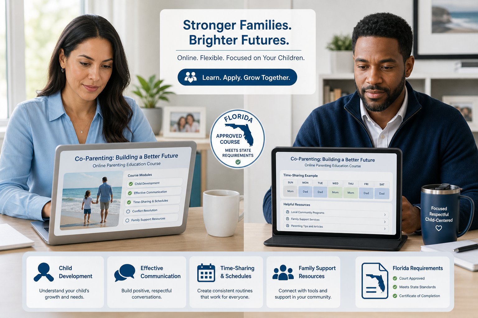Are There Quizzes in the Florida Parent Education Course? 1 Parents reviewing an online co-parenting course in a modern office setting.