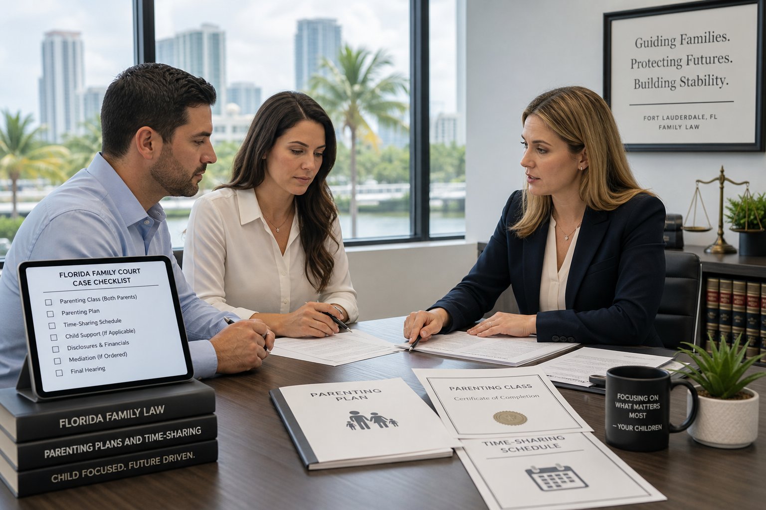 Broward County Divorce Parenting Class Guide 1 Parents reviewing family court paperwork with a legal professional in Fort Lauderdale.
