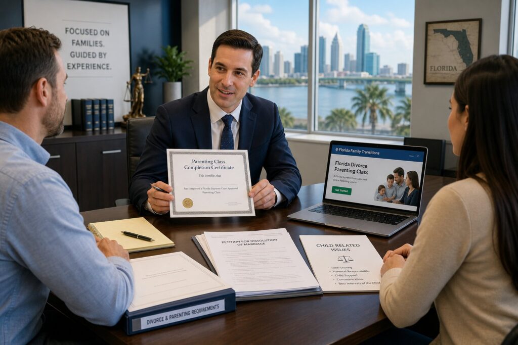Blog Articles 4 Parents reviewing a Florida parenting class completion document in a legal office.