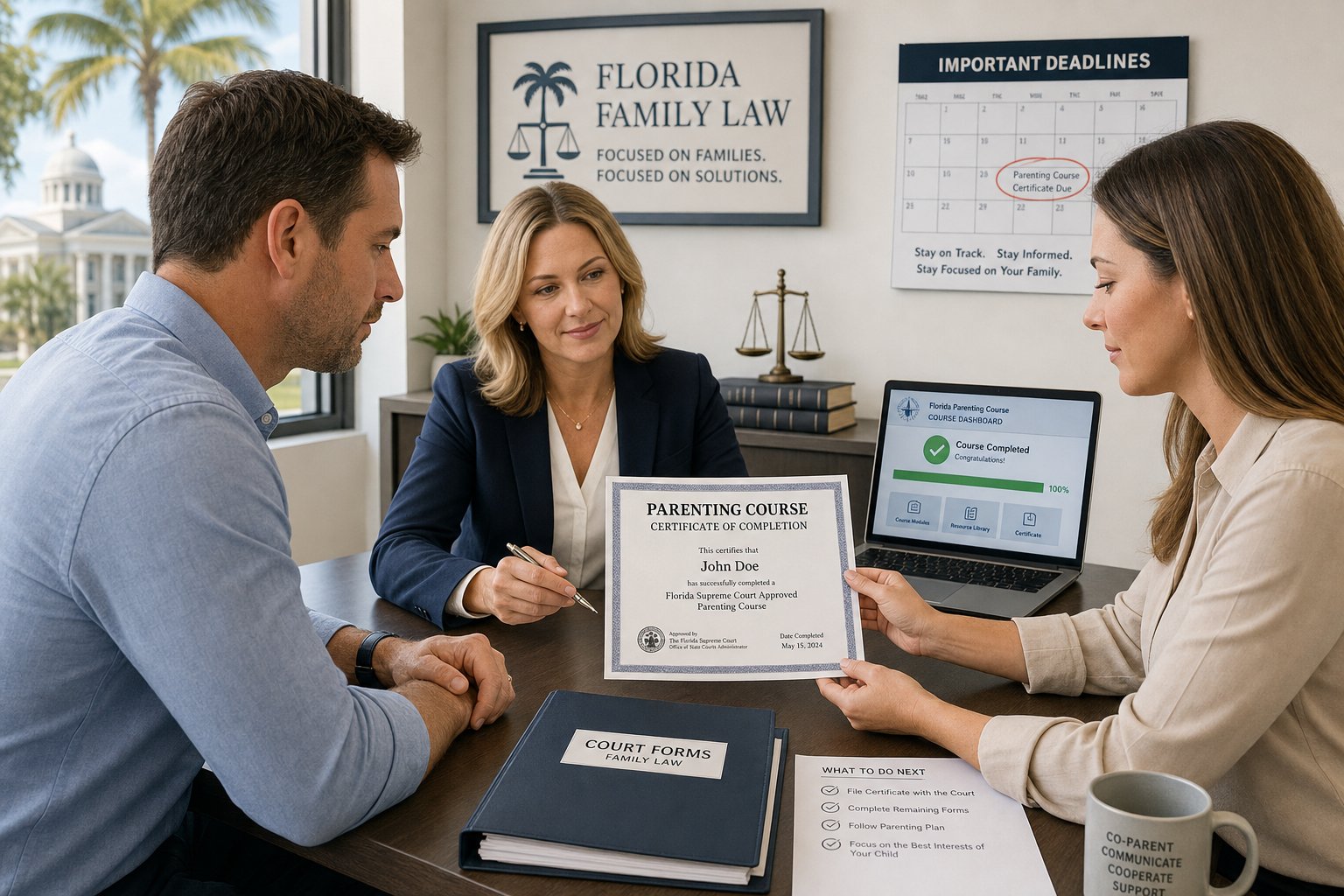 Can the Florida Parent Education Course Requirement Be Waived? 1 Parents reviewing a Florida parenting class completion document in a legal office.