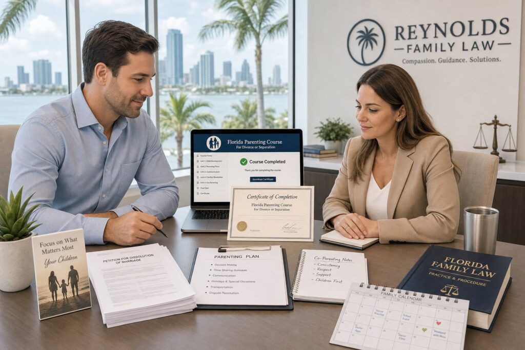 Blog Articles 3 Two parents separately completing required Florida divorce parenting class paperwork.