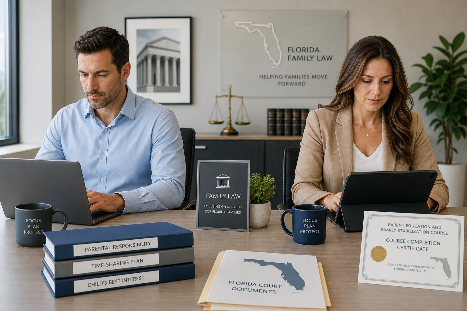 Can You Fail the Florida Parenting Class? Retakes and Passing Score 1 Two parents separately completing required Florida divorce parenting class paperwork.