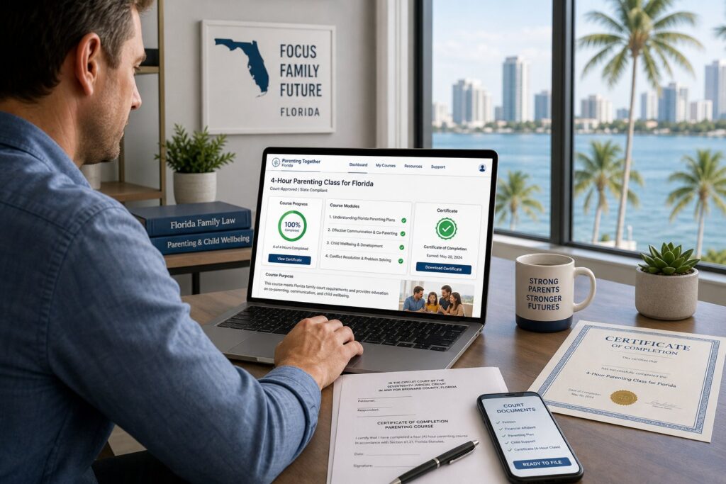 Blog Articles 2 Two parents separately taking an online parenting class on laptops in Florida.