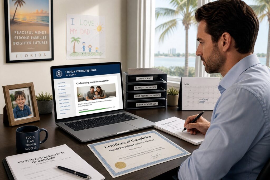 Blog Articles 1 Parents reviewing a Florida parenting class plan with a legal professional.