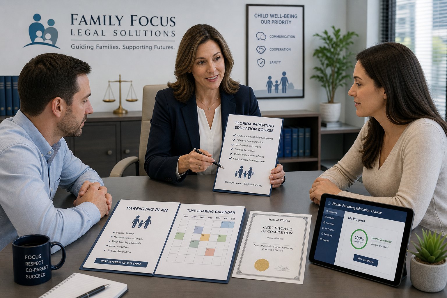 Can You Take the Florida Parenting Class Before Filing for Divorce? 1 Parents reviewing a Florida parenting class plan with a legal professional.