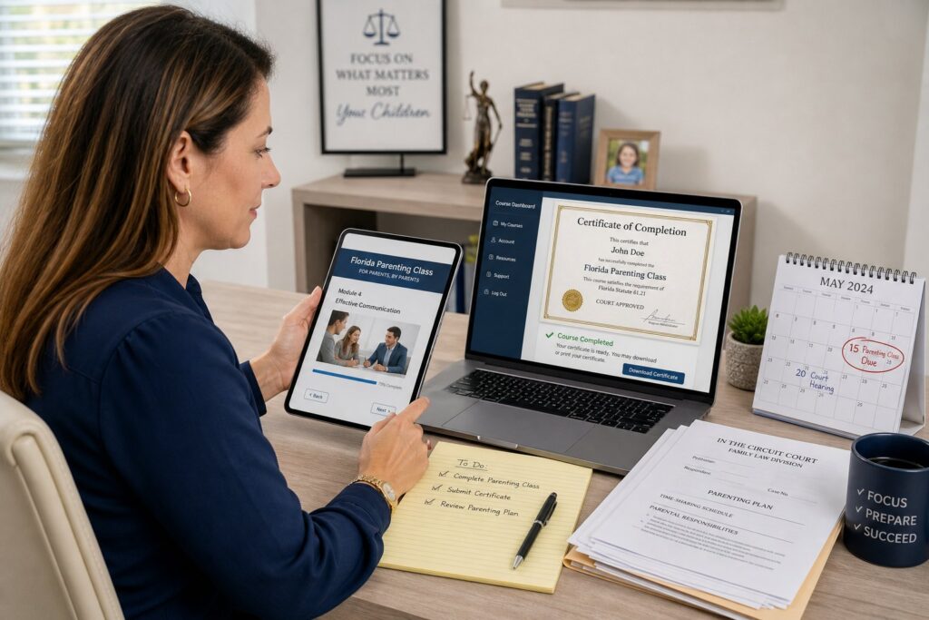 Blog Articles 10 Parents reviewing an online Florida parenting class in a professional setting.