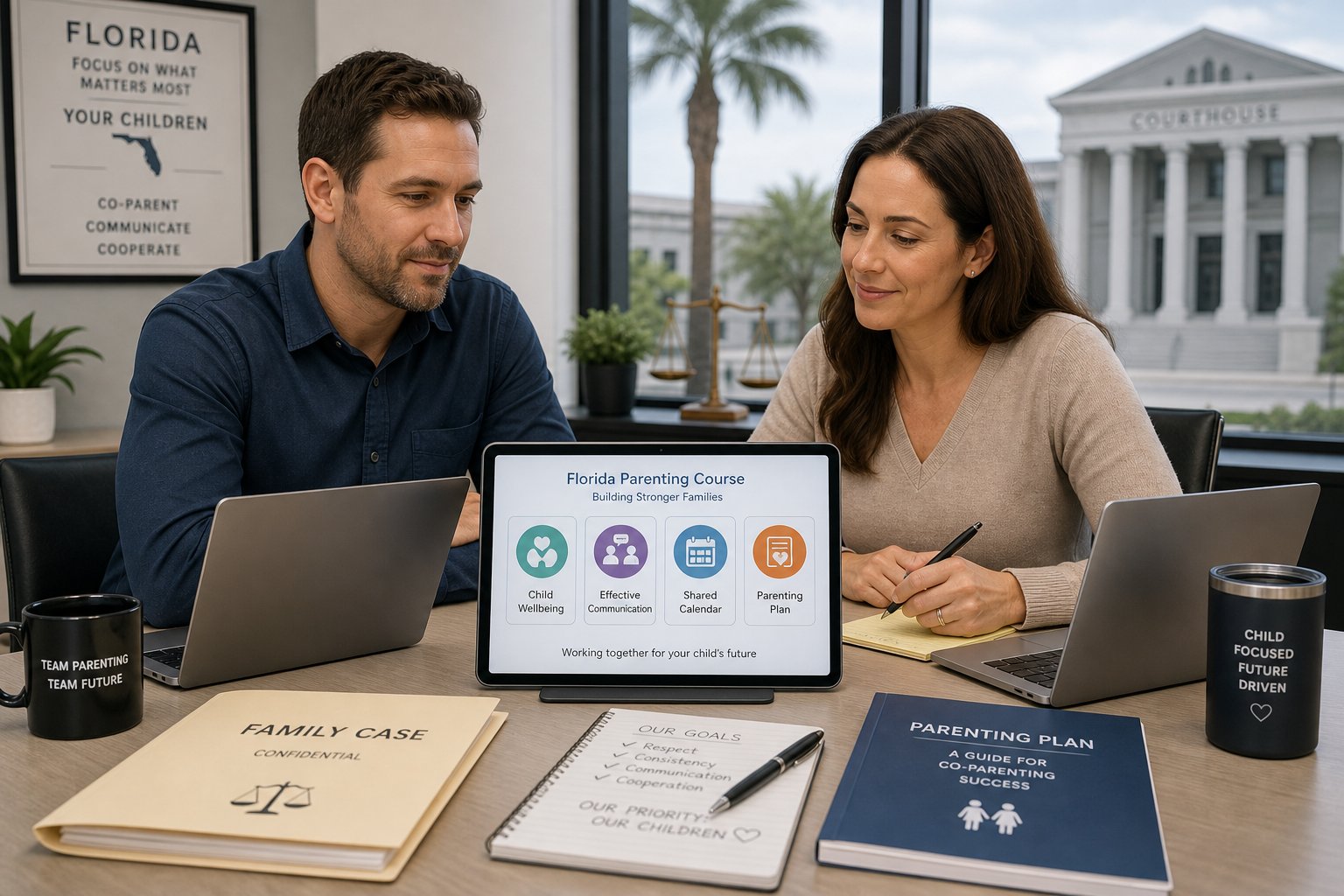 Can You Take the Florida Parenting Class on Your Phone? 1 Parents reviewing an online Florida parenting class in a professional setting.