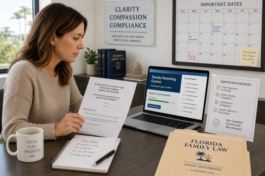 Blog Articles 9 Parent reviewing Florida-approved parenting class requirements on a laptop.