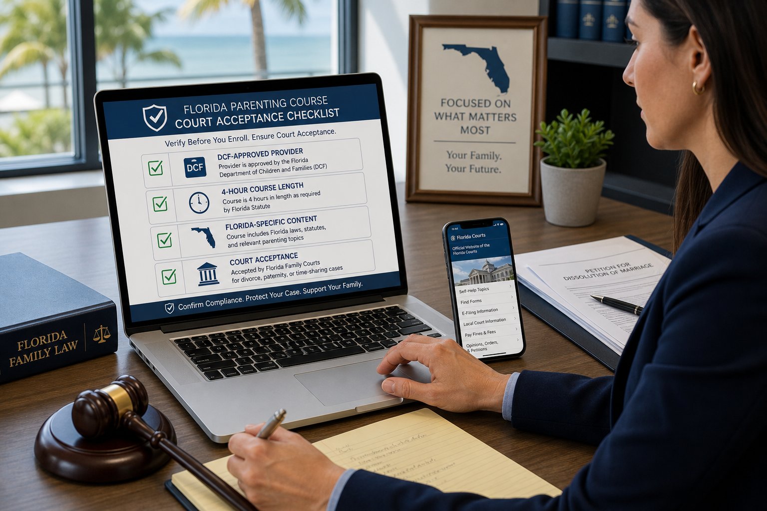 Cheapest Court-Approved Parenting Class in Florida: What Matters Besides Price 1 Parent reviewing Florida-approved parenting class requirements on a laptop.