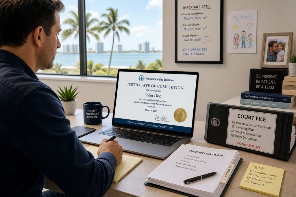 Blog Articles 8 Florida parent reviewing court-required parenting class certificate at a desk