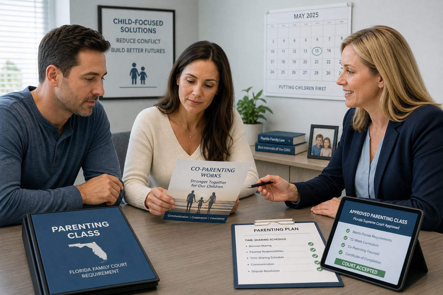 Court-Approved Parenting Classes in Florida: How to Choose One 1 Florida parent reviewing court-required parenting class certificate at a desk