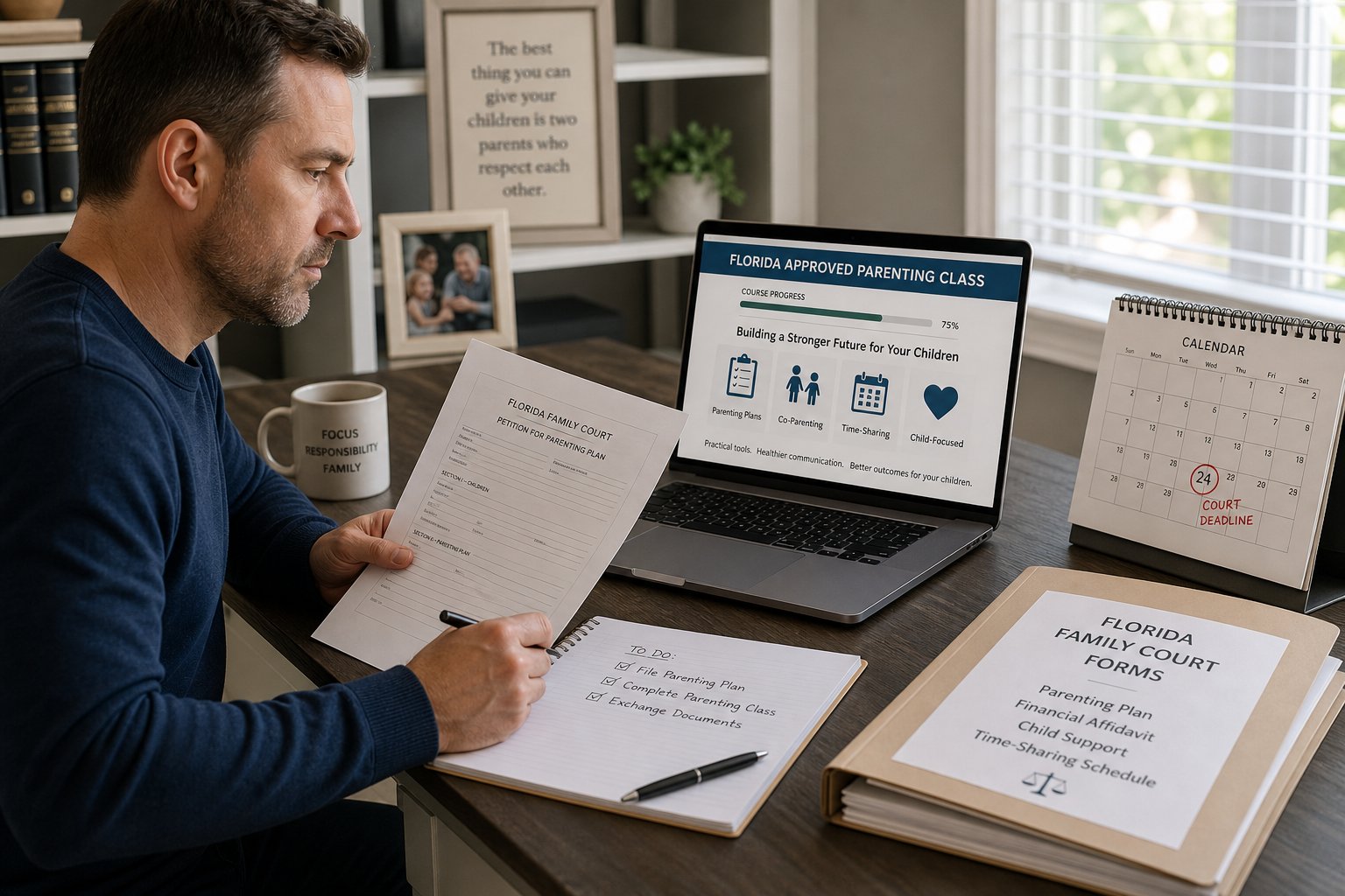 Court-Ordered Parenting Class Online: Why State Approval Matters 1 Florida parent reviewing court-required parenting class certificate at a desk