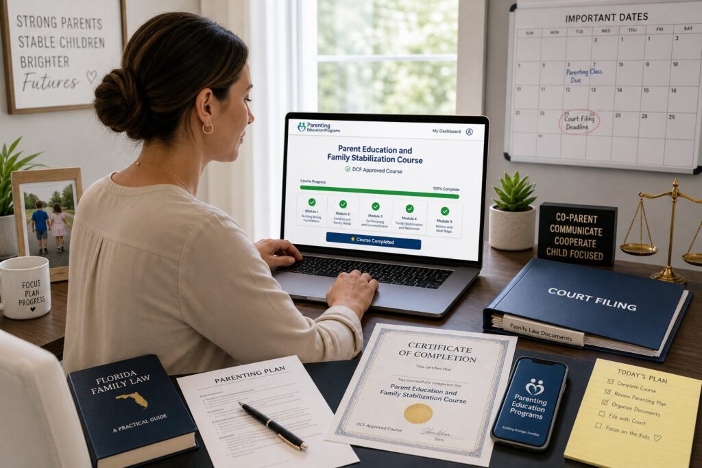Blog Articles 6 Parents reviewing a Florida-approved parenting course in a professional office.
