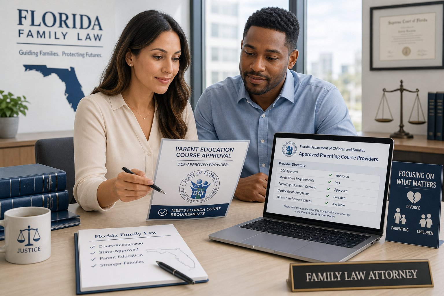DCF Approved Parenting Classes vs. Florida Divorce Parenting Class 1 Parents reviewing a Florida-approved parenting course in a professional office.