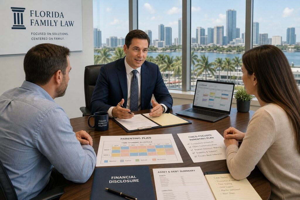 Blog Articles 5 Attorney and client reviewing Florida divorce filing documents in a modern legal office.
