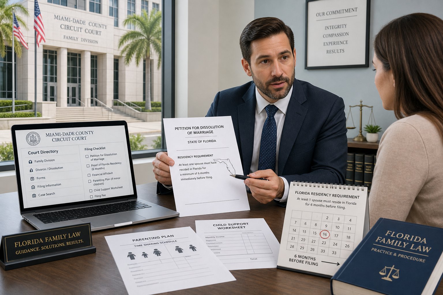 Divorce in Florida With Kids: Deadlines, Course, and Certificate 1 Attorney and client reviewing Florida divorce filing documents in a modern legal office.