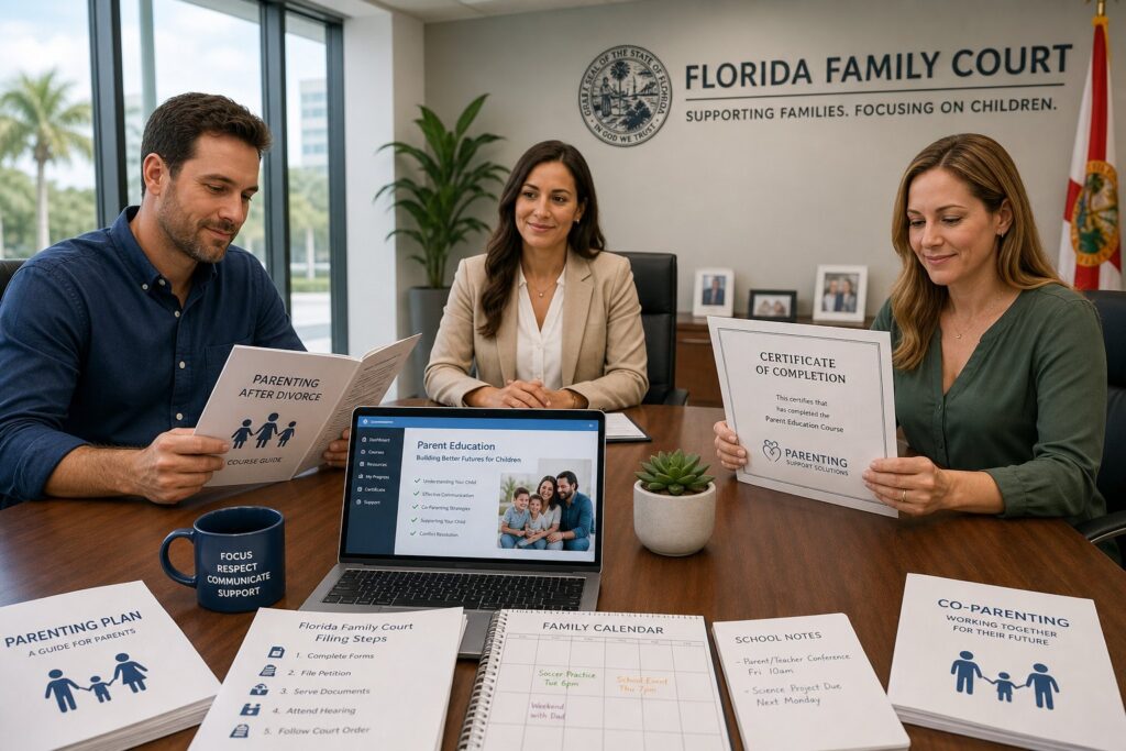 Blog Articles 3 Parents reviewing a Florida court-required parenting class with a family advisor.
