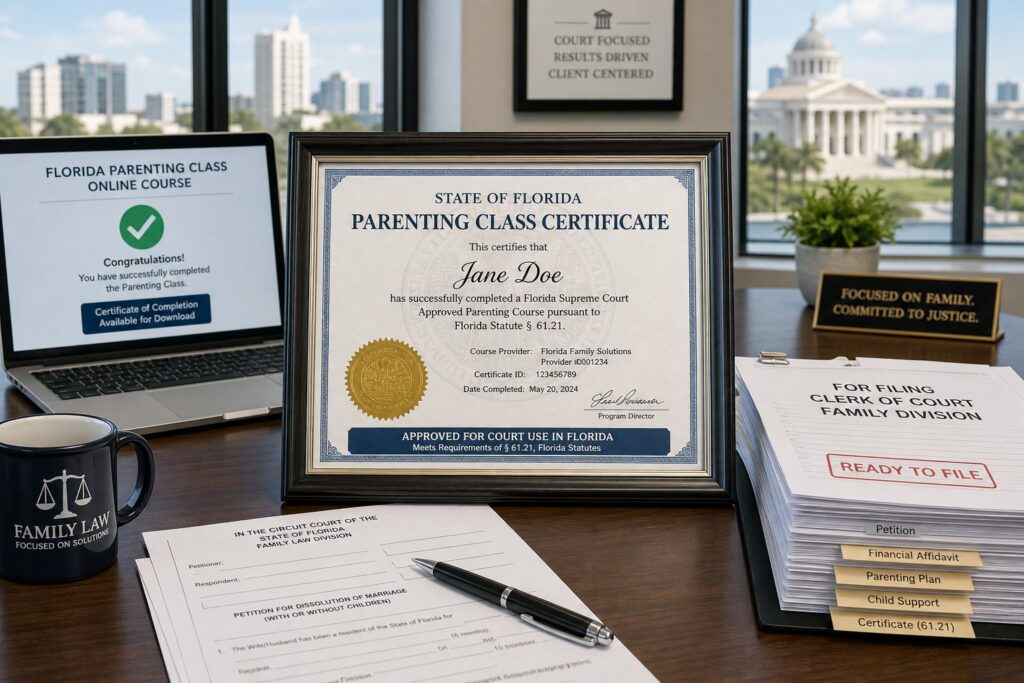 Blog Articles 2 Parent reviewing a Florida parenting class certificate at a clean desk.