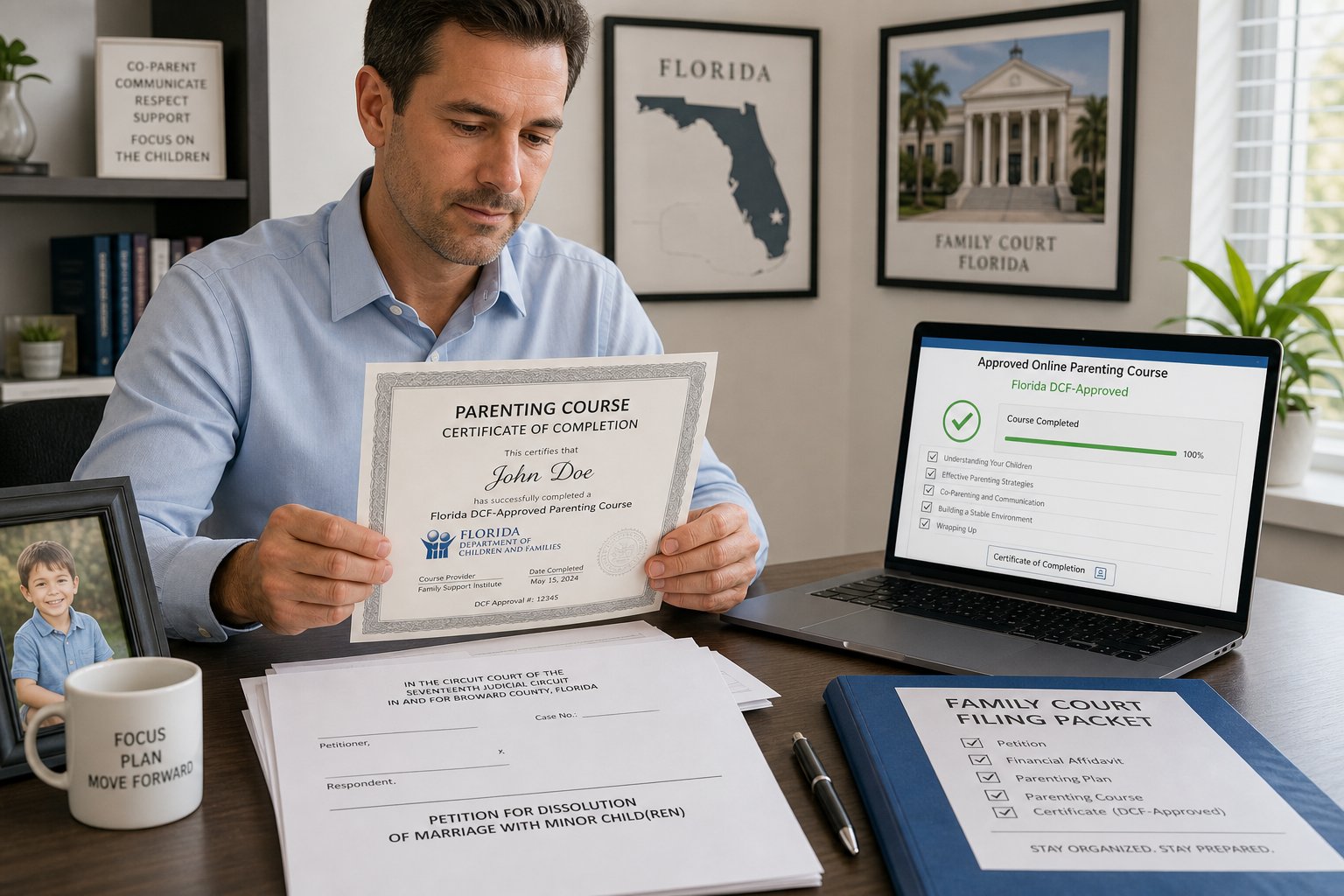 Does a Florida Parenting Class Certificate Expire? 1 Parent reviewing a Florida parenting class certificate at a clean desk.