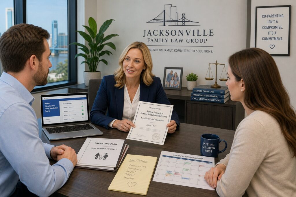 Blog Articles 1 Parents meeting with an advisor about a Florida court-approved parenting class.