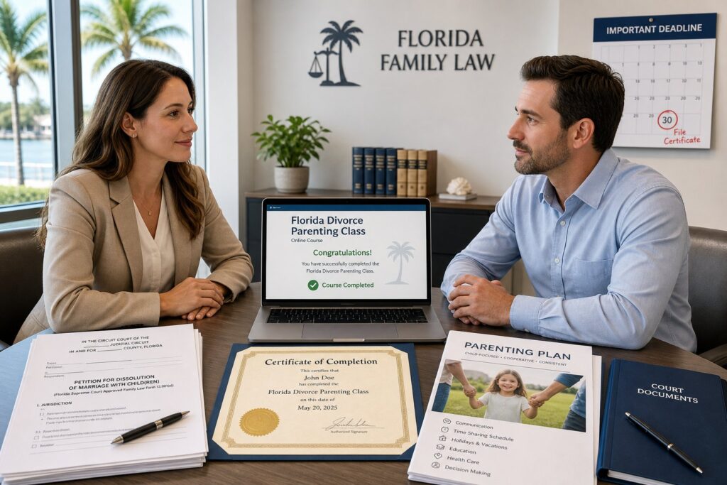 Blog Articles 10 Parents attending a Florida co-parenting class in a professional setting.