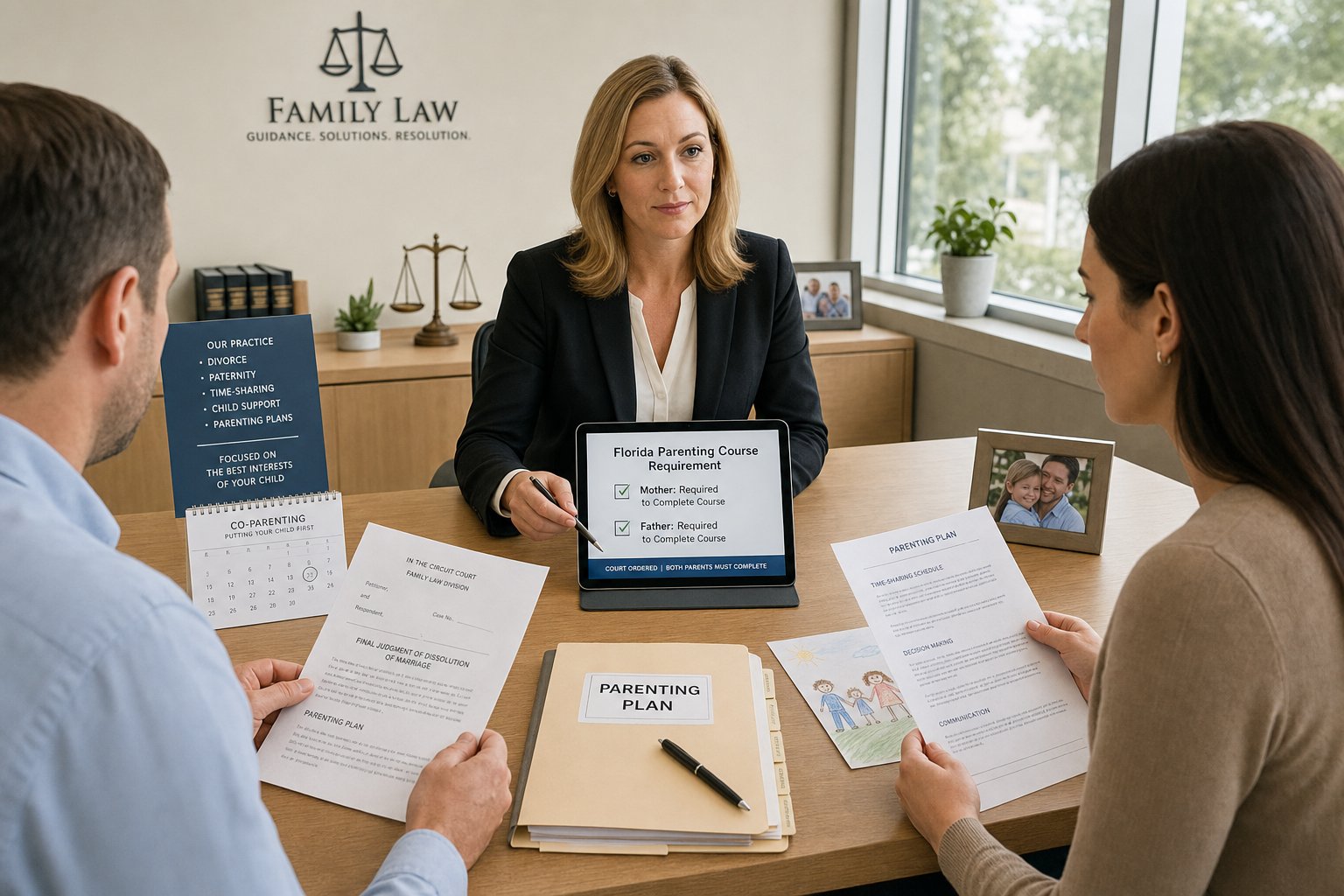 Florida Divorce With Minor Children: Parent Education Course Checklist 1 Two parents reviewing court parenting class documents with a legal advisor.