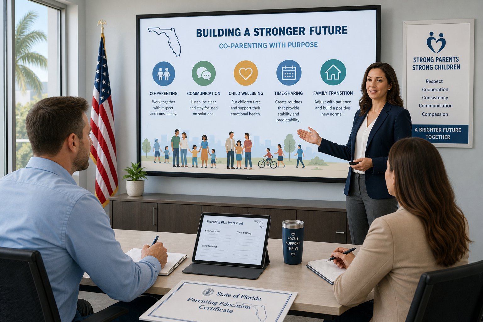 Florida Parent Education Course FAQs for Divorce and Family Court 1 Parents in a Florida parenting education class with child-focused course materials.