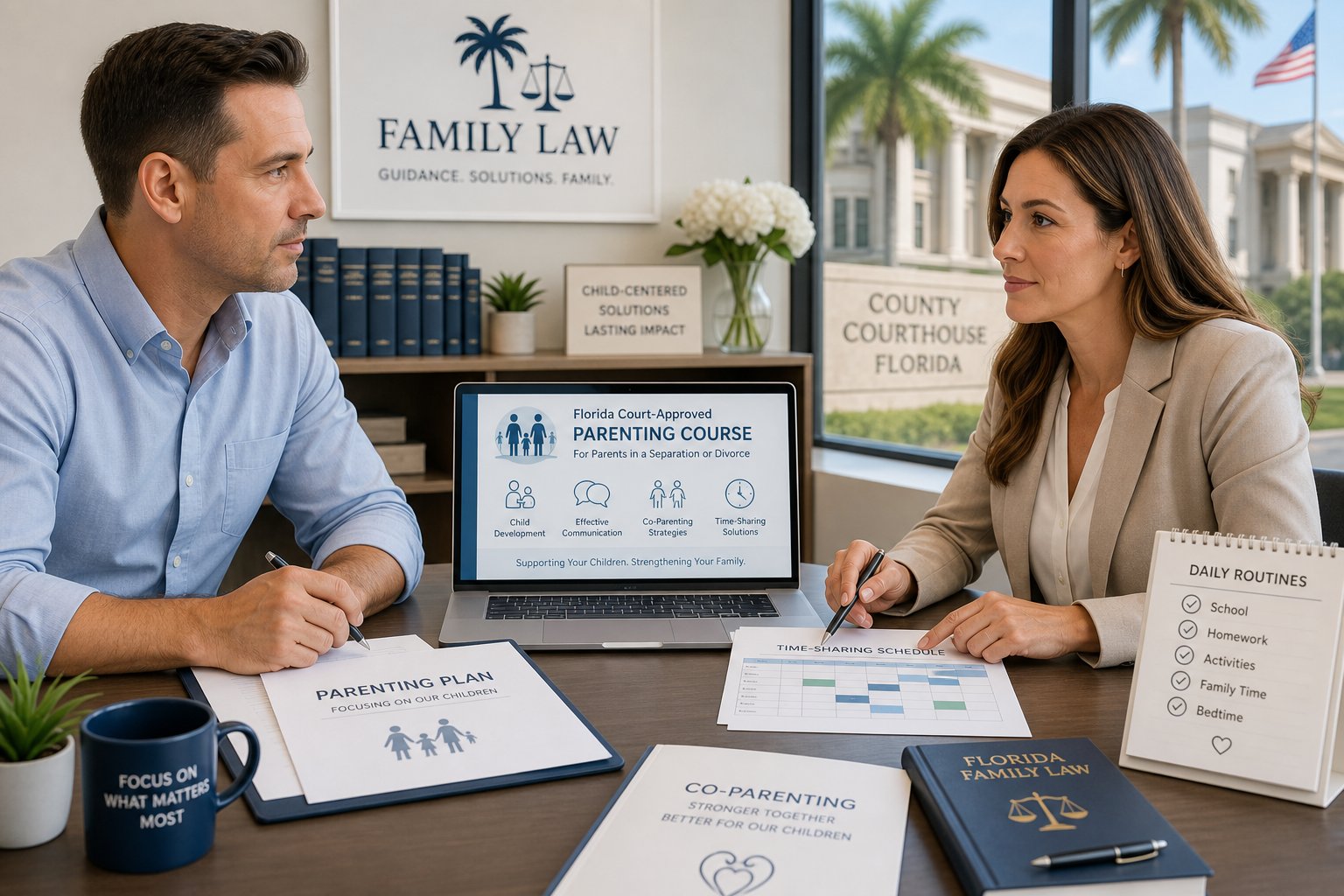 Florida Parenting Class by County: Court Certificate Guide 1 Parents reviewing a court-required parenting course in a professional office.
