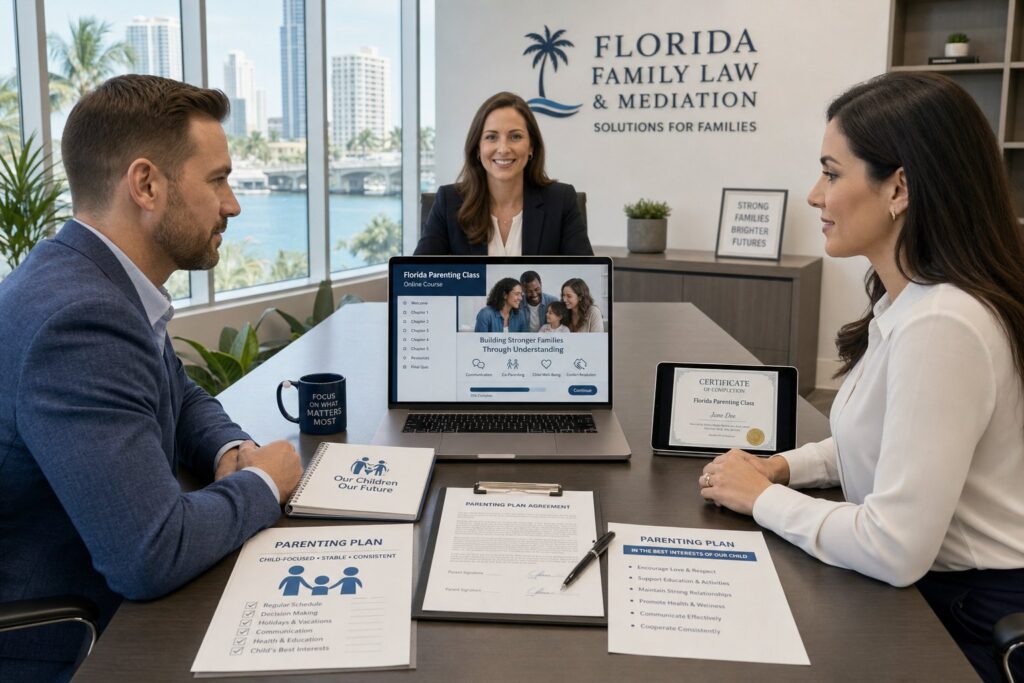 Blog Articles 6 Florida parent reviewing court-required parenting class certificate at a desk