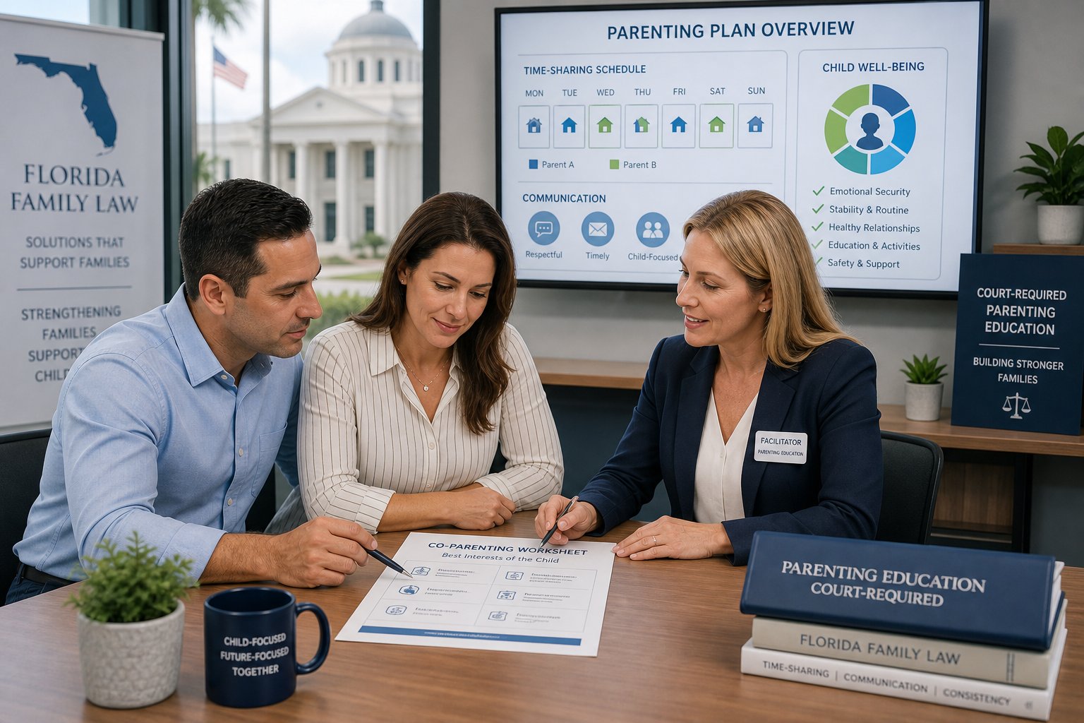 Florida Parenting Class for Paternity, Custody, and Time-Sharing Cases 1 Florida parent reviewing court-required parenting class certificate at a desk