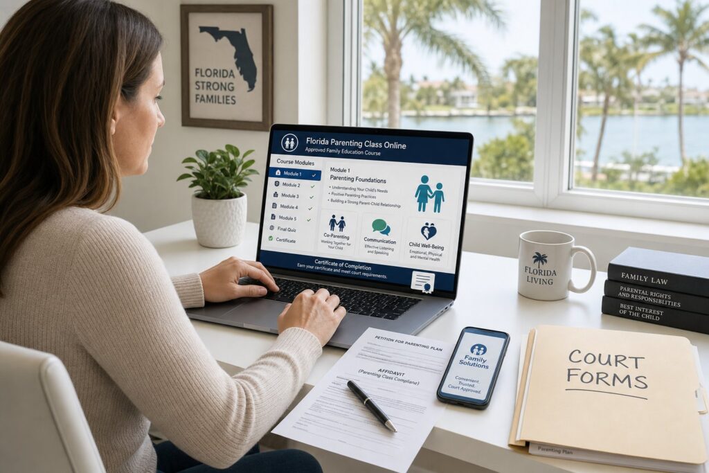 Blog Articles 5 Parents taking an online parenting class with court documents nearby.