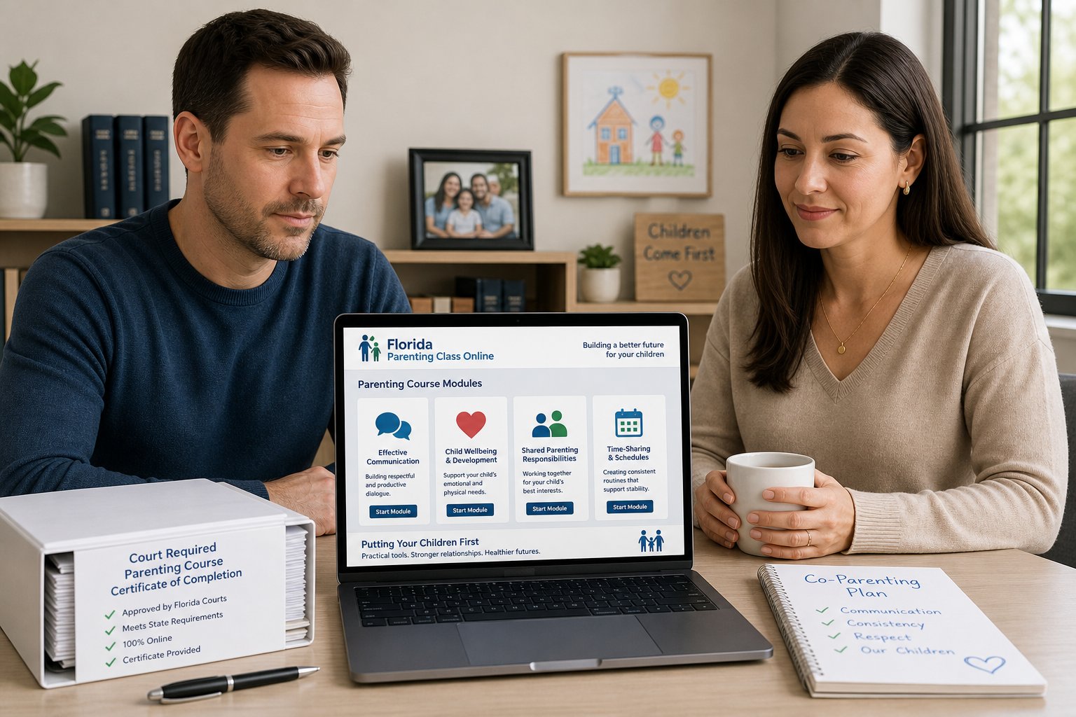 Florida Parenting Class Online: Court-Approved 4-Hour Course Guide 1 Parents taking an online parenting class with court documents nearby.