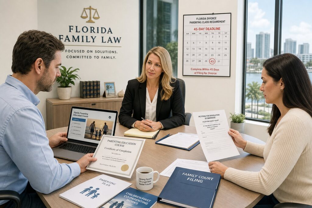 Blog Articles 4 Parents reviewing court-required parenting class documents with a family law professional.