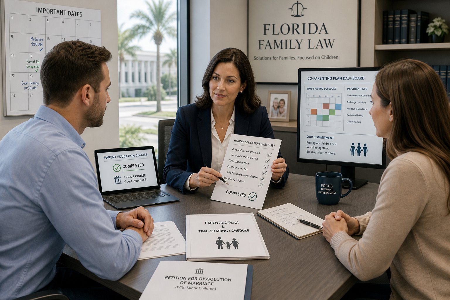 Florida Divorce Parenting Class Requirement: Who Has to Take It and When 1 Parents reviewing court-required parenting class documents with a family law professional.