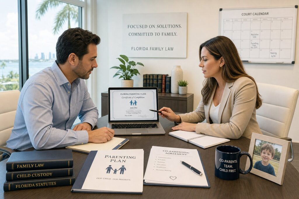 Blog Articles 3 Parents reviewing a court-required parenting course with a legal advisor.