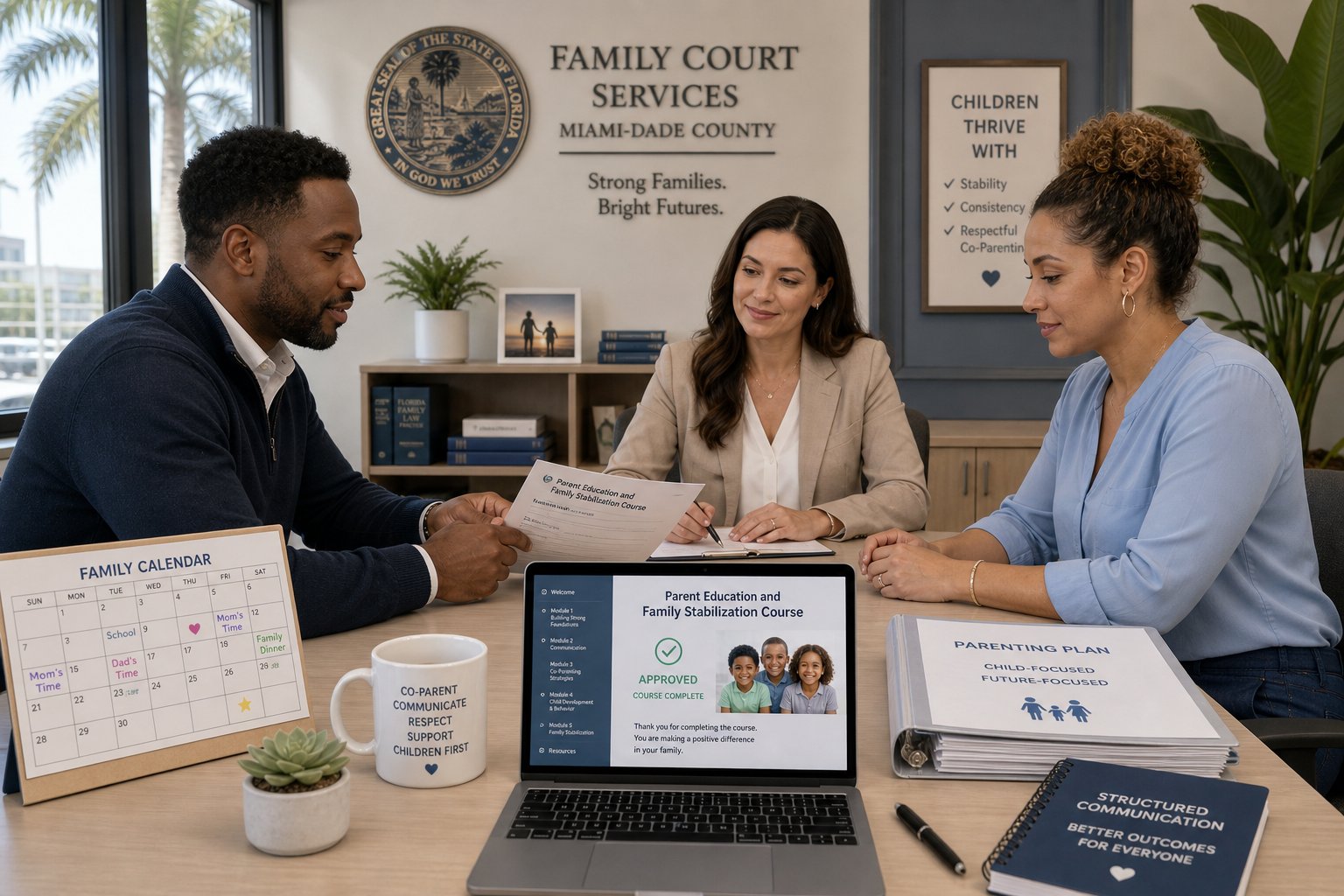 Florida Parenting Class vs. Parent Education Course: Different Names Explained 1 Parents reviewing a court-required parenting course with a legal advisor.