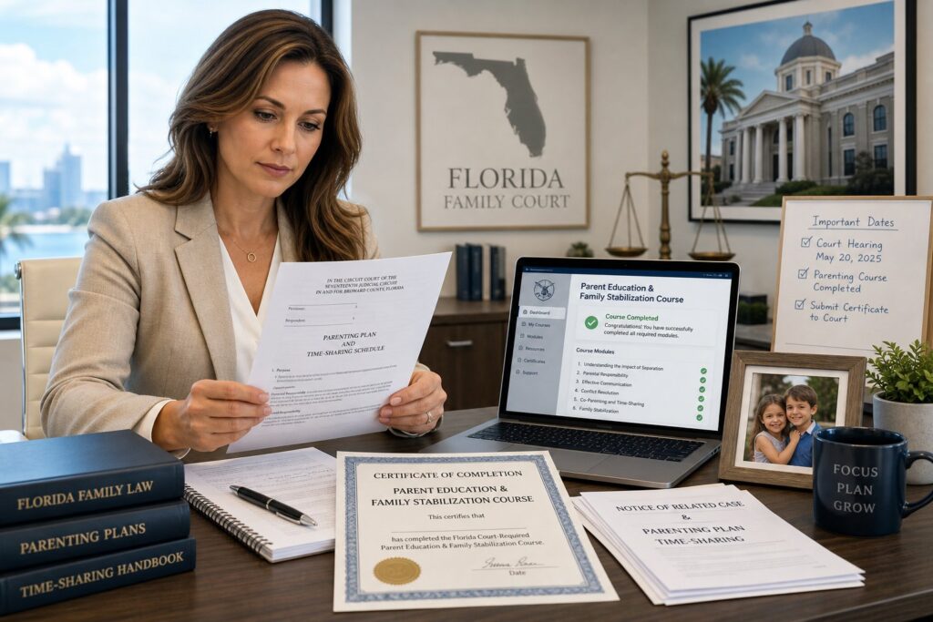 Blog Articles 1 Parents reviewing Florida family court course paperwork with a legal advisor.