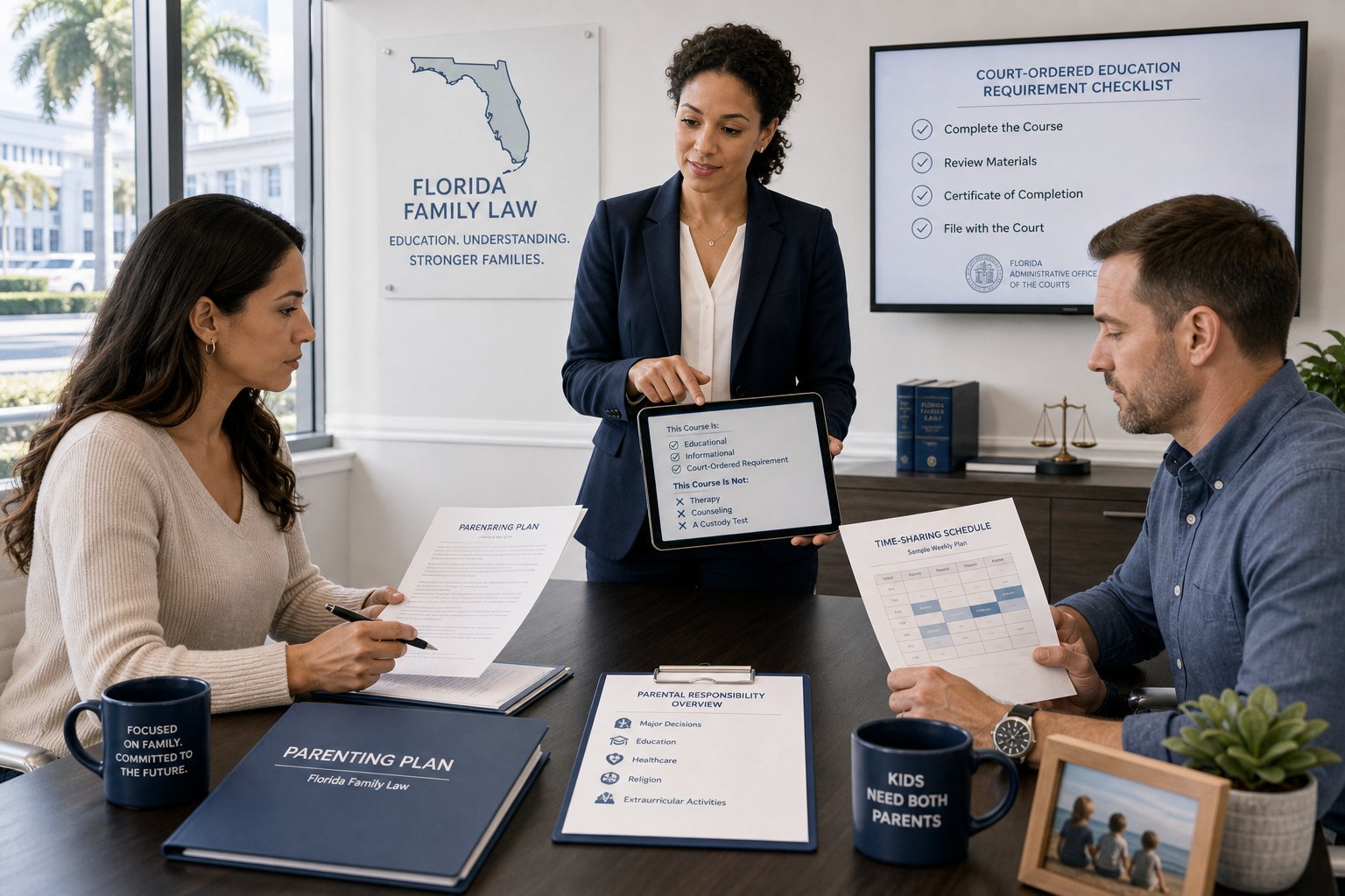 Florida Time-Sharing and the Parent Education Course 1 Parents reviewing Florida family court course paperwork with a legal advisor.