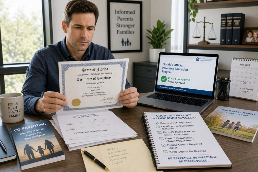 Blog Articles 10 Parents reviewing Florida-approved parenting class requirements with a legal advisor.