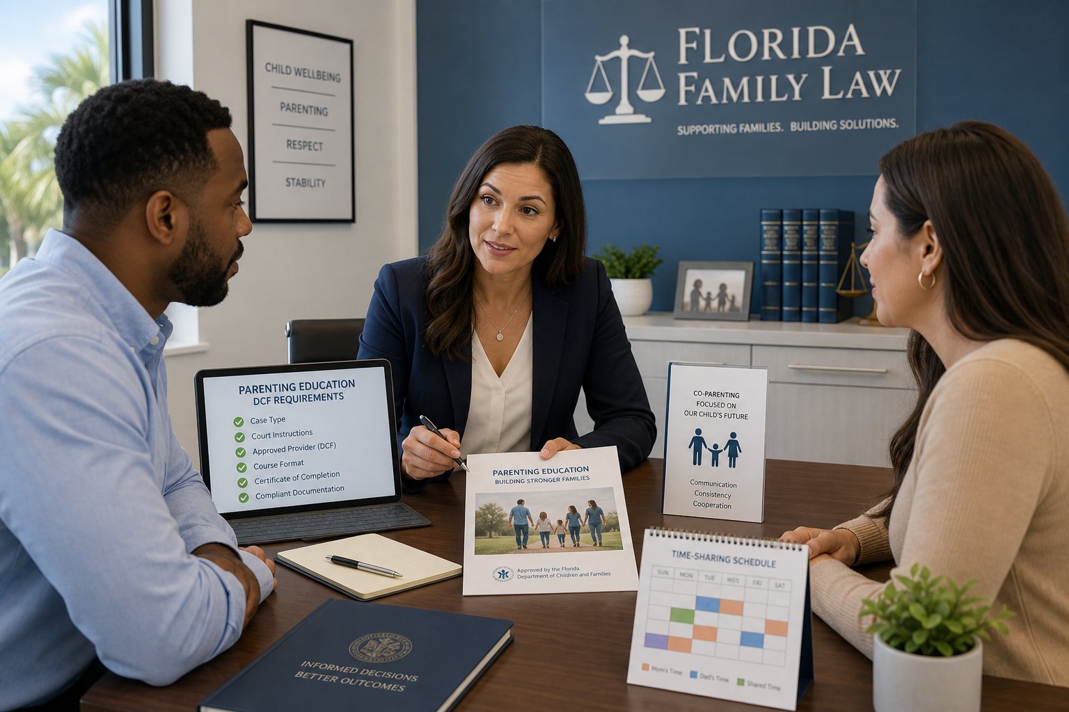 Free DCF Approved Parenting Classes vs. Court-Ordered Divorce Classes 1 Parents reviewing Florida-approved parenting class requirements with a legal advisor.