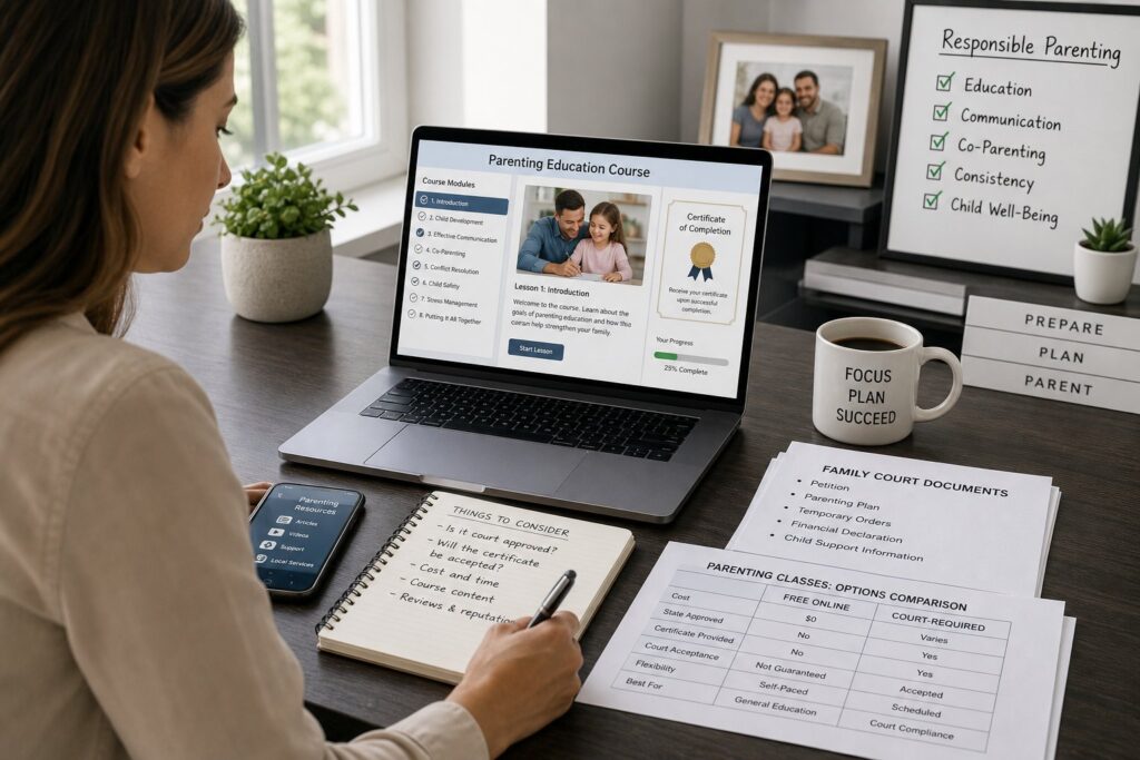 Blog Articles 9 Parents using online parenting class materials on laptops in a modern home office.