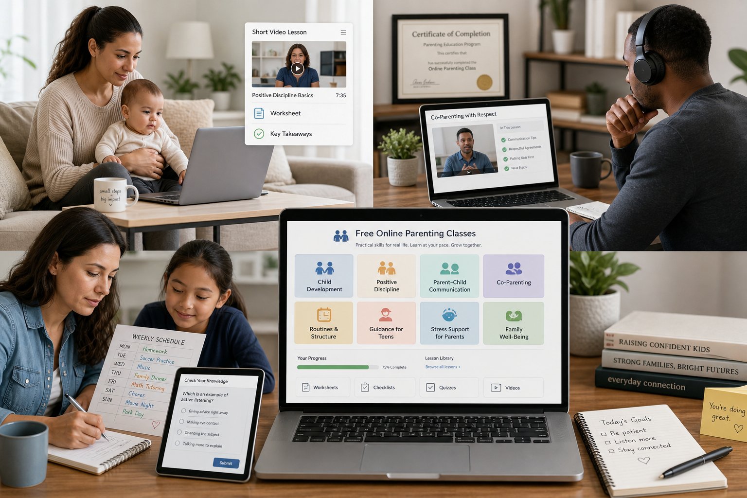 Free Parenting Classes Online With Certificate: Will a Court Accept Them? 1 Parents using online parenting class materials on laptops in a modern home office.