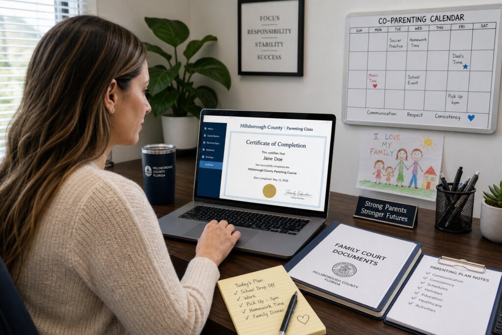 Blog Articles 8 Parents reviewing family court documents with an advisor in a modern legal office.