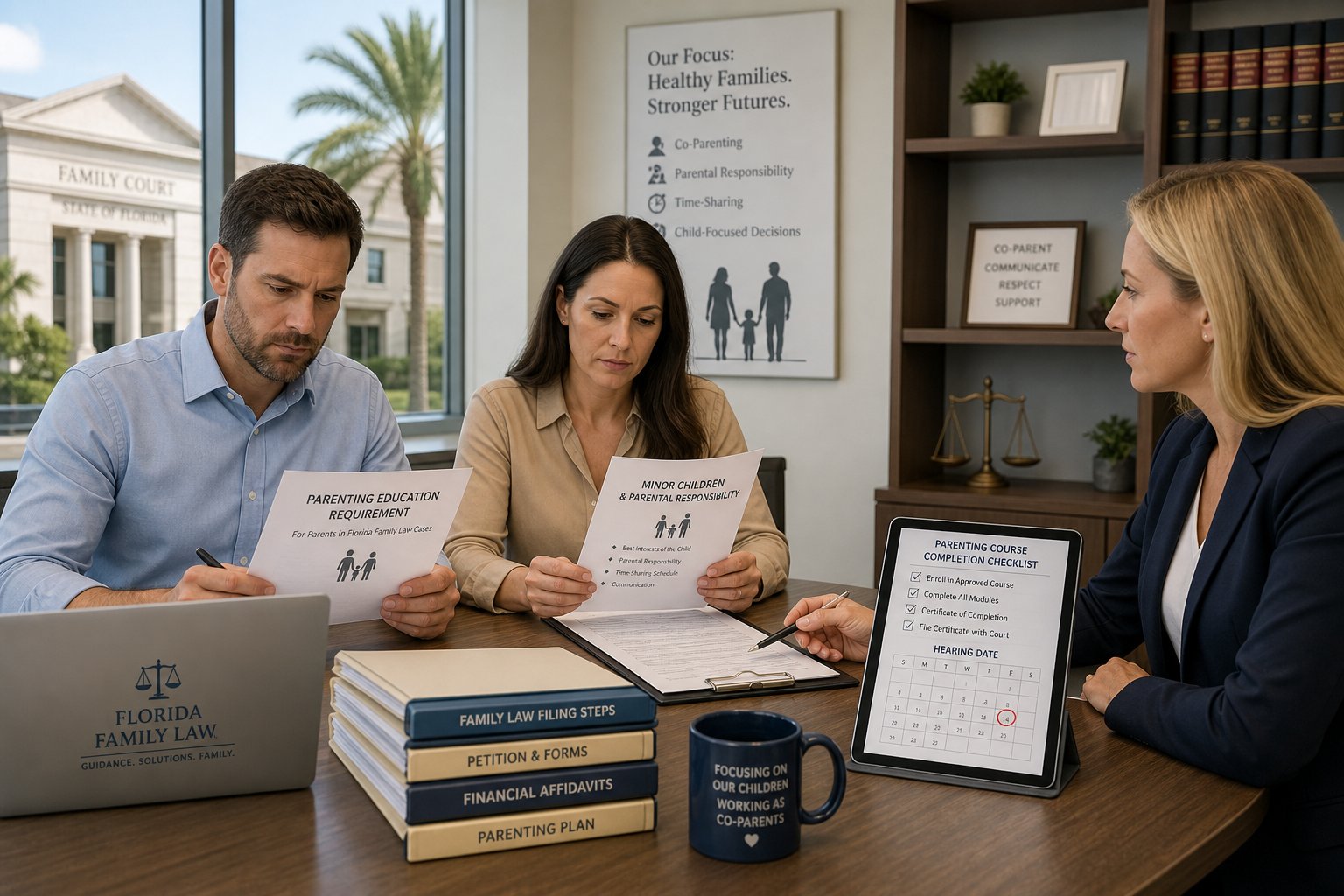 Hillsborough County Parenting Class for Divorce 1 Parents reviewing family court documents with an advisor in a modern legal office.