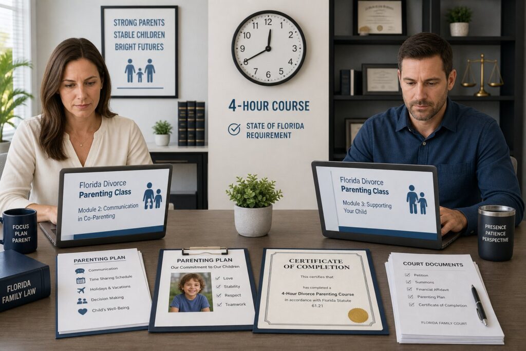 Blog Articles 7 Online Florida parenting class dashboard showing a 4-hour course and certificate.